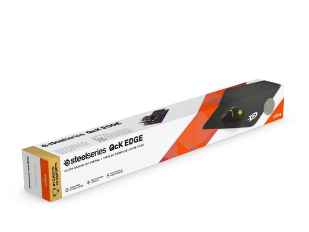 Caja larga con las palabras steelseries QcK EDGE alfombrilla de ratón para juegos.