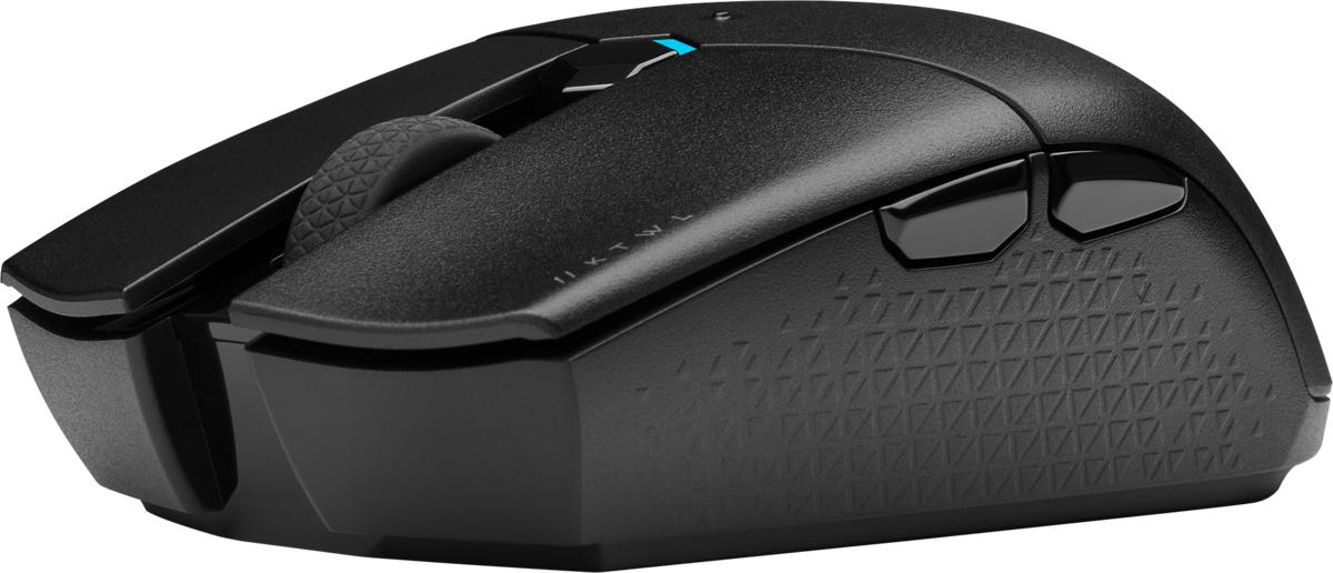Fekete ergonomikus egér görgetőkerékkel és oldalsó gombokkal.