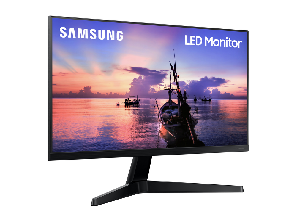 Un monitor LED Samsung, con un paisaje marino y un soporte negro.