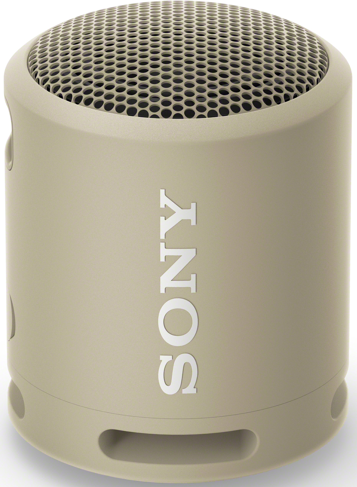 Petit haut-parleur Sony beige avec le nom de la marque en lettres blanches.