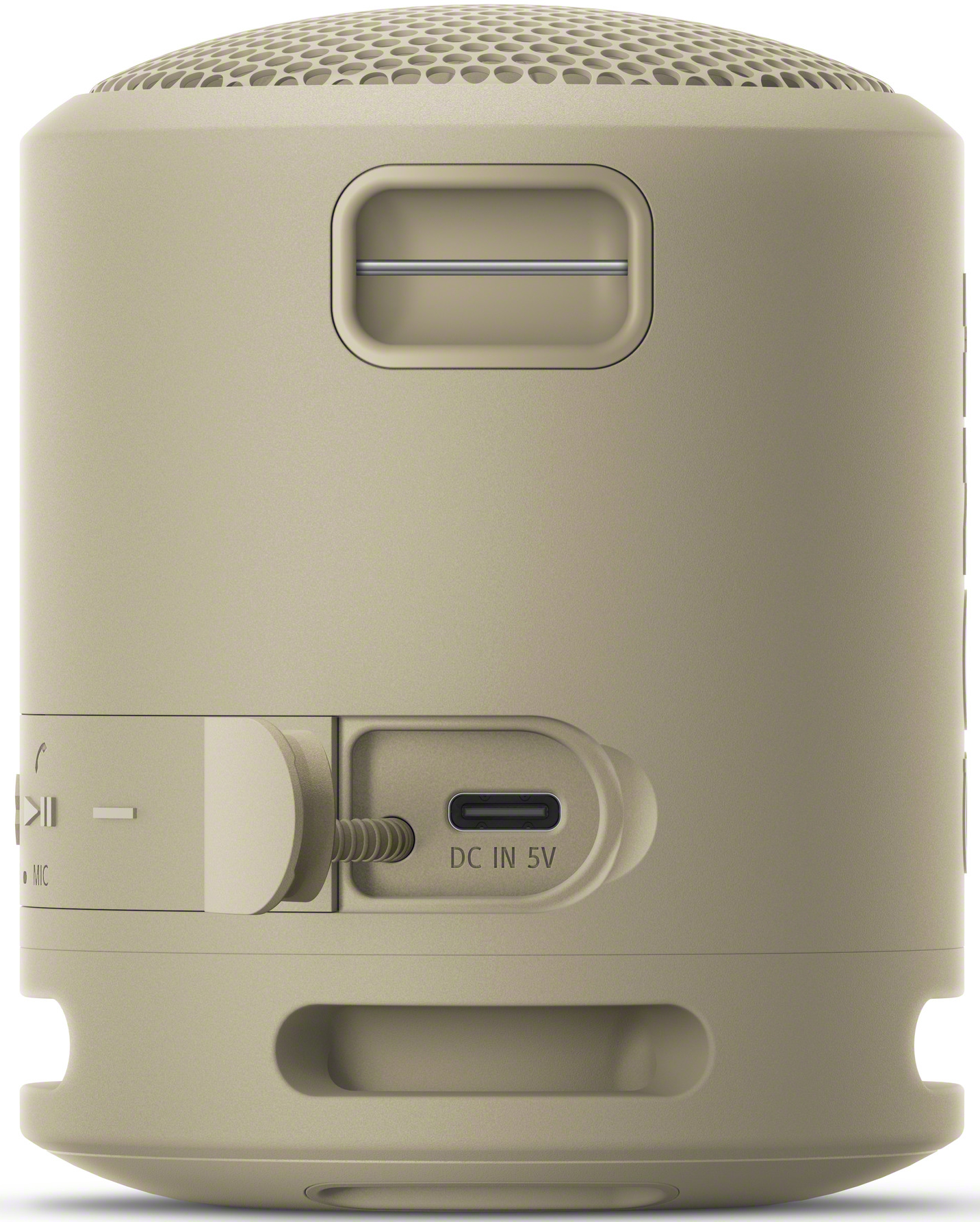 Un haut-parleur cylindrique beige avec boutons et un port, sur fond blanc, montrant le côté.
