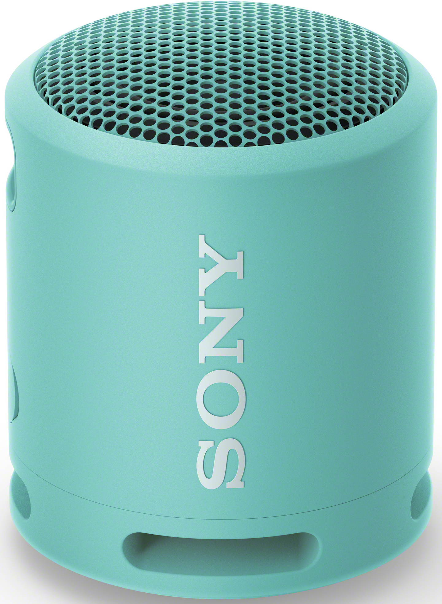 Un piccolo altoparlante color verde acqua con la scritta "SONY" sopra, su sfondo bianco.