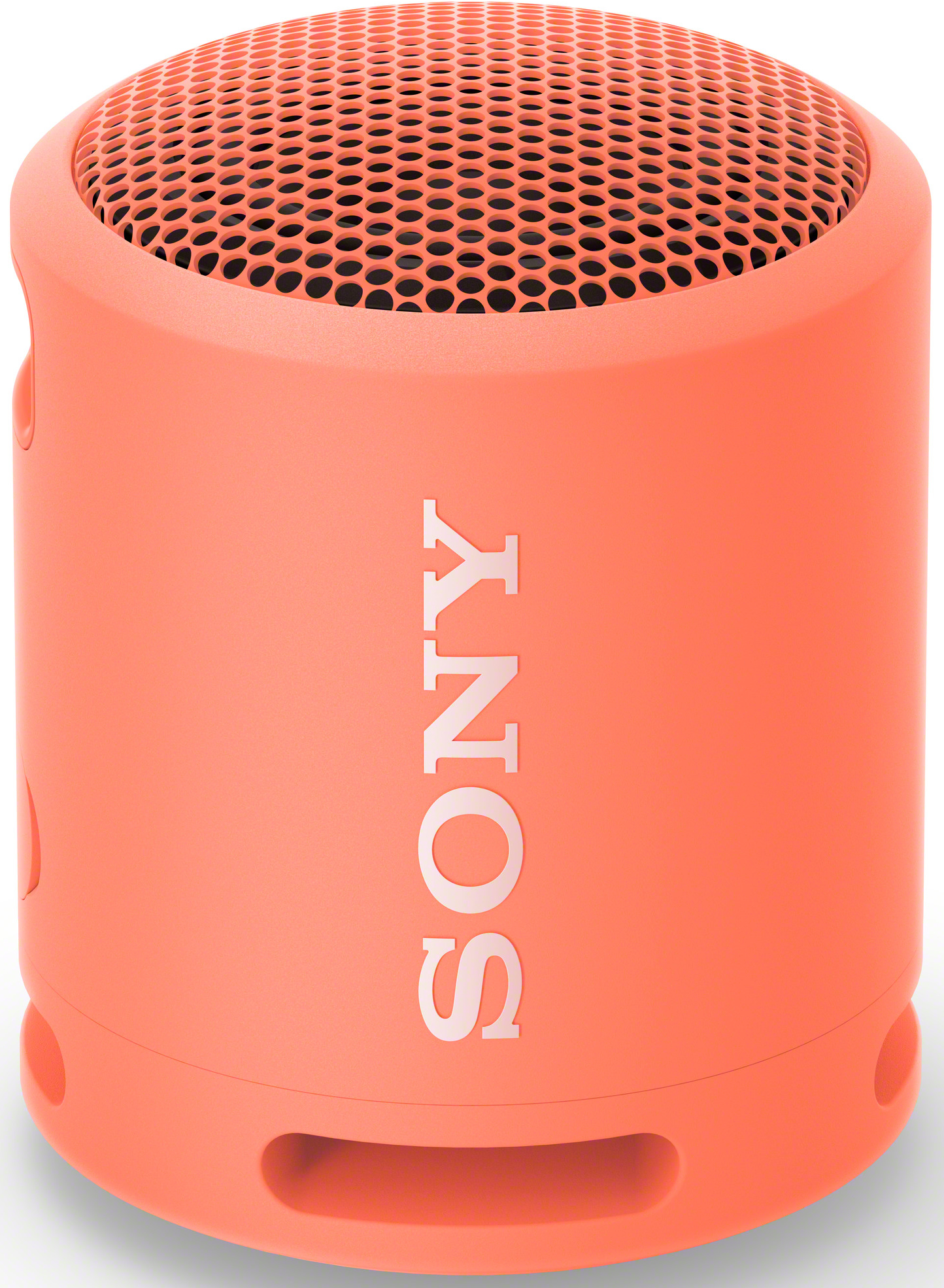 Un altoparlante portatile color corallo con la scritta SONY in bianco.