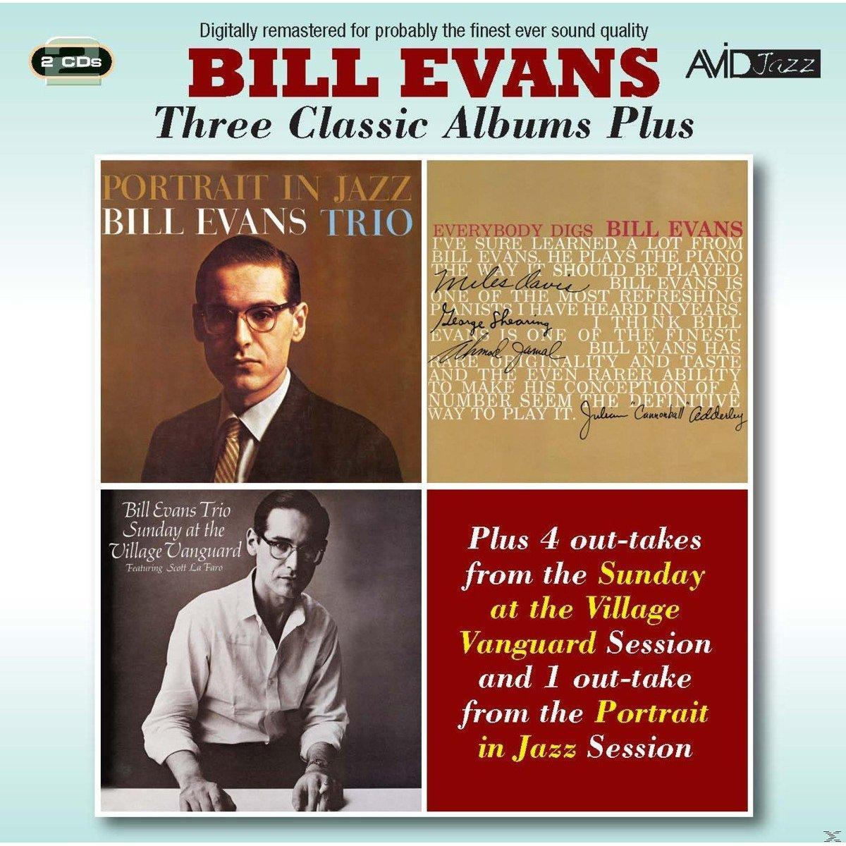 Album borító Bill Evans fotóival, 'Three Classic Albums Plus' szöveggel és jazz zenei címkékkel.