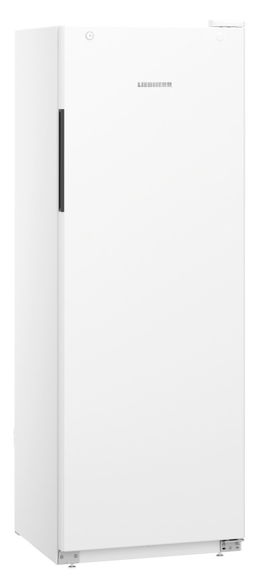 Weißer Kühlschrank mit schwarzem Griff, vor weißem Hintergrund.