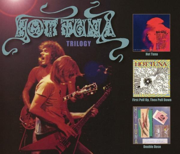 A Hot Tuna Trilogy album borítója. Három album borítót tartalmaz, zenekari tagokkal és albumcímekkel.