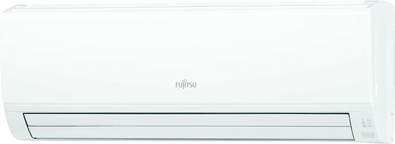 Aire acondicionado Fujitsu blanco montado en la pared. Diseño horizontal.