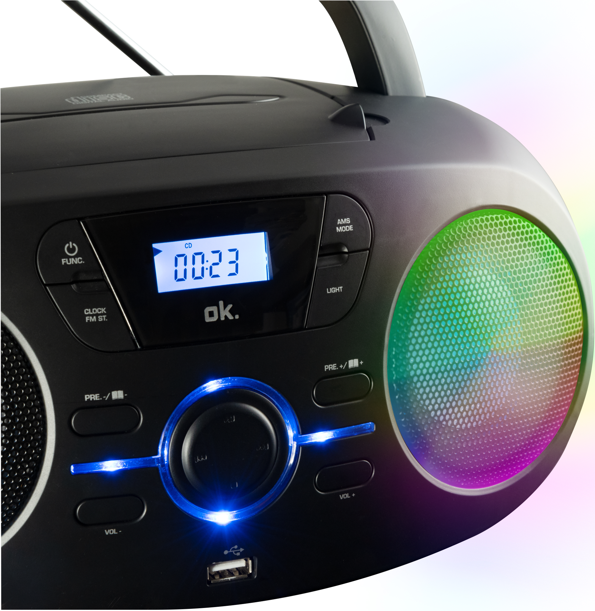 Boombox noire avec un écran, des boutons et des haut-parleurs, avec des lumières colorées autour des haut-parleurs.