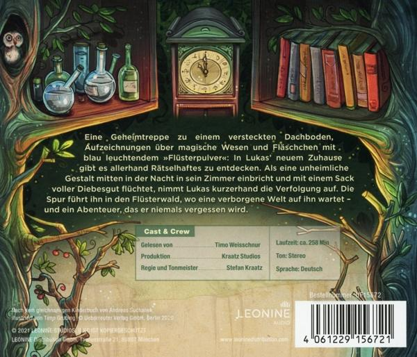 Rückseite eines Buches mit Eule und Regalen mit Tränken und Büchern.