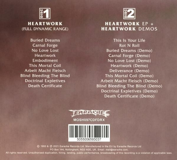 CD-Cover. Titellisten für Heartwork EP und Heartwork Demos. Earache Records-Logo unten.