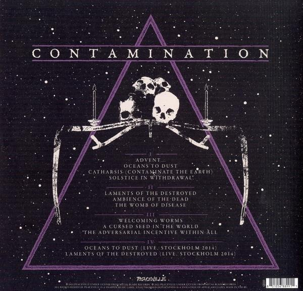 Albumcover mit einem lila Dreieck, Totenköpfen und Text auf schwarzem Hintergrund.