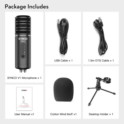 A csomag tartalmaz egy SYNCO V1 mikrofont, USB kábelt, OTG kábelt, felhasználói kézikönyvet, szélvédőt és asztali tartót. Minden elem fehér háttéren.