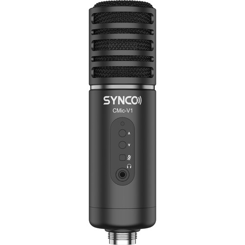 Egy fekete Synco CMic-V1 mikrofon látható. Hálós teteje, vezérlőgombjai és fejhallgató-csatlakozója van.