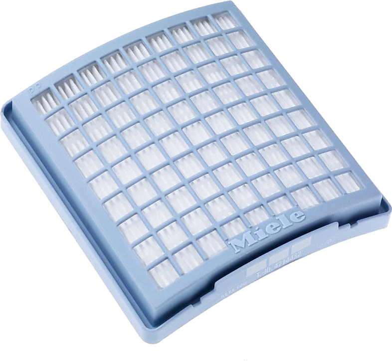 Een blauw luchtfilter met wit filtermateriaal binnenin, gemarkeerd met het merk 'Miele'.