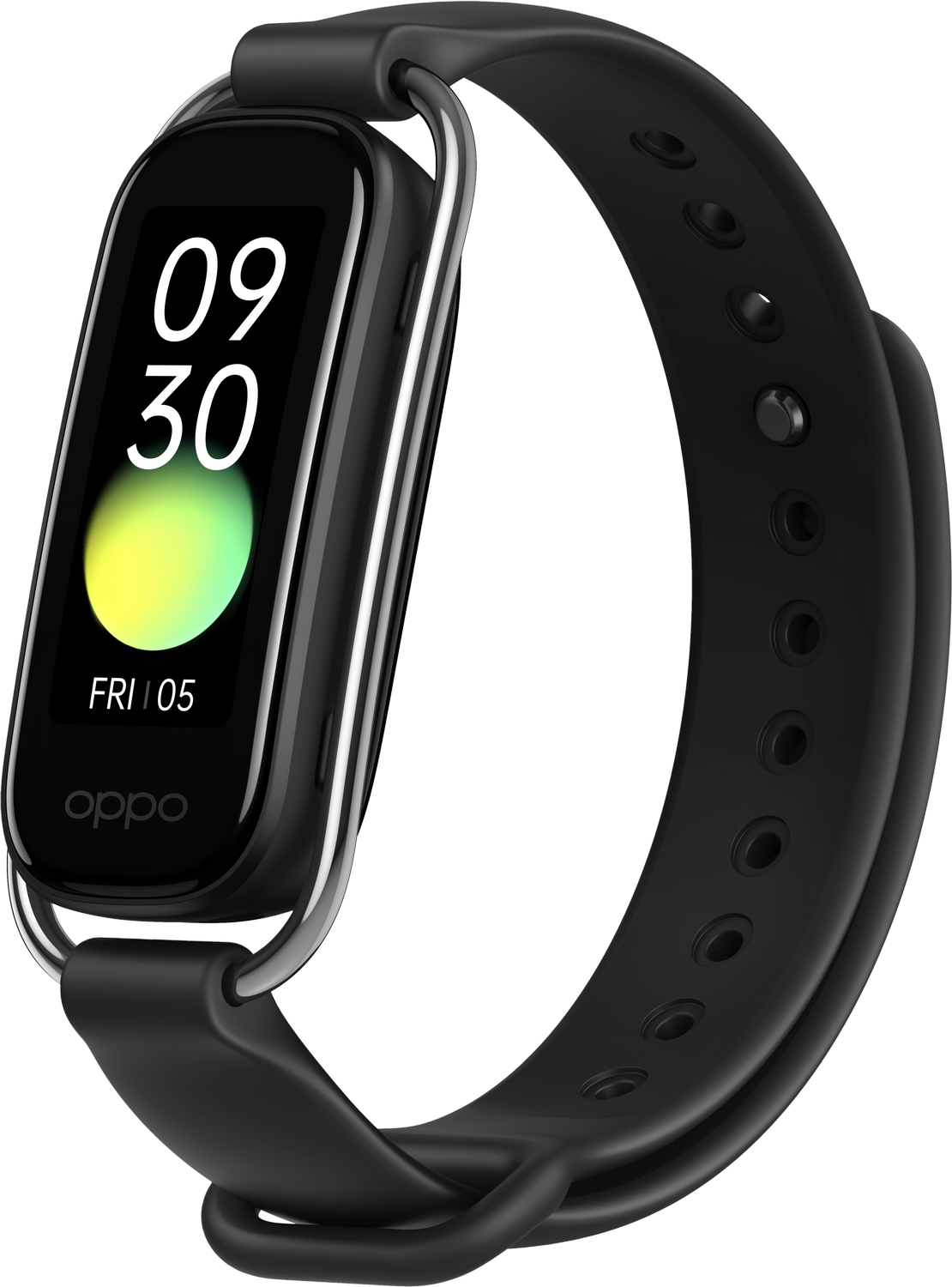 Rastreador de ejercicios Oppo negro con hora y fecha.