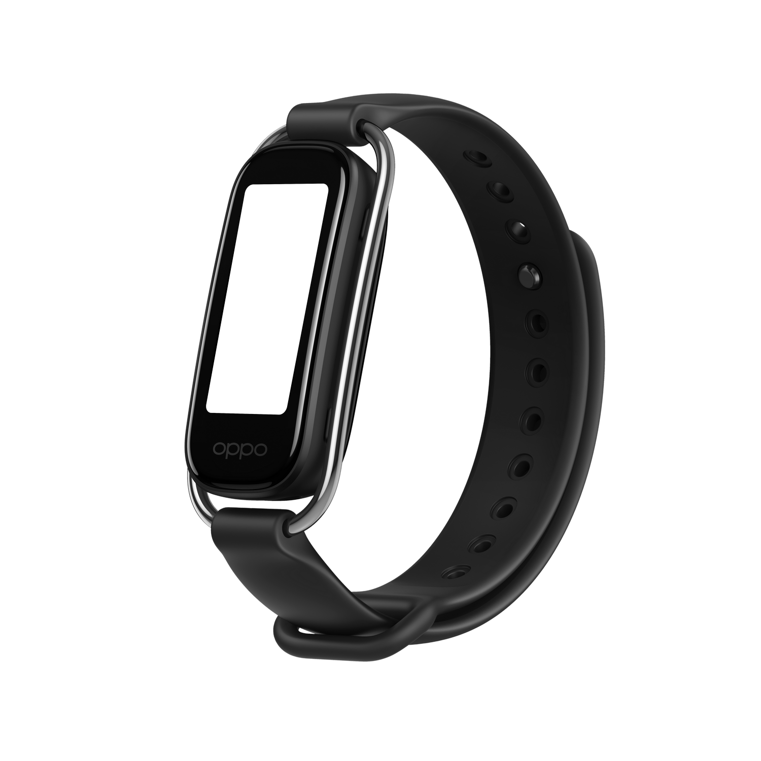 Una pulsera inteligente Oppo negra con pantalla rectangular y correa negra, sobre un fondo negro.
