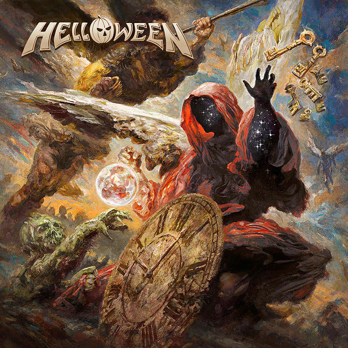Albumcover mit Helloween-Logo, Figuren, Schlüsseln, Uhr und Schädel.