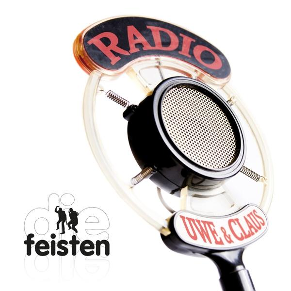 Vintage-Radiomikrofon mit weißem Sockel. Das Wort 'RADIO' steht oben in Rot.