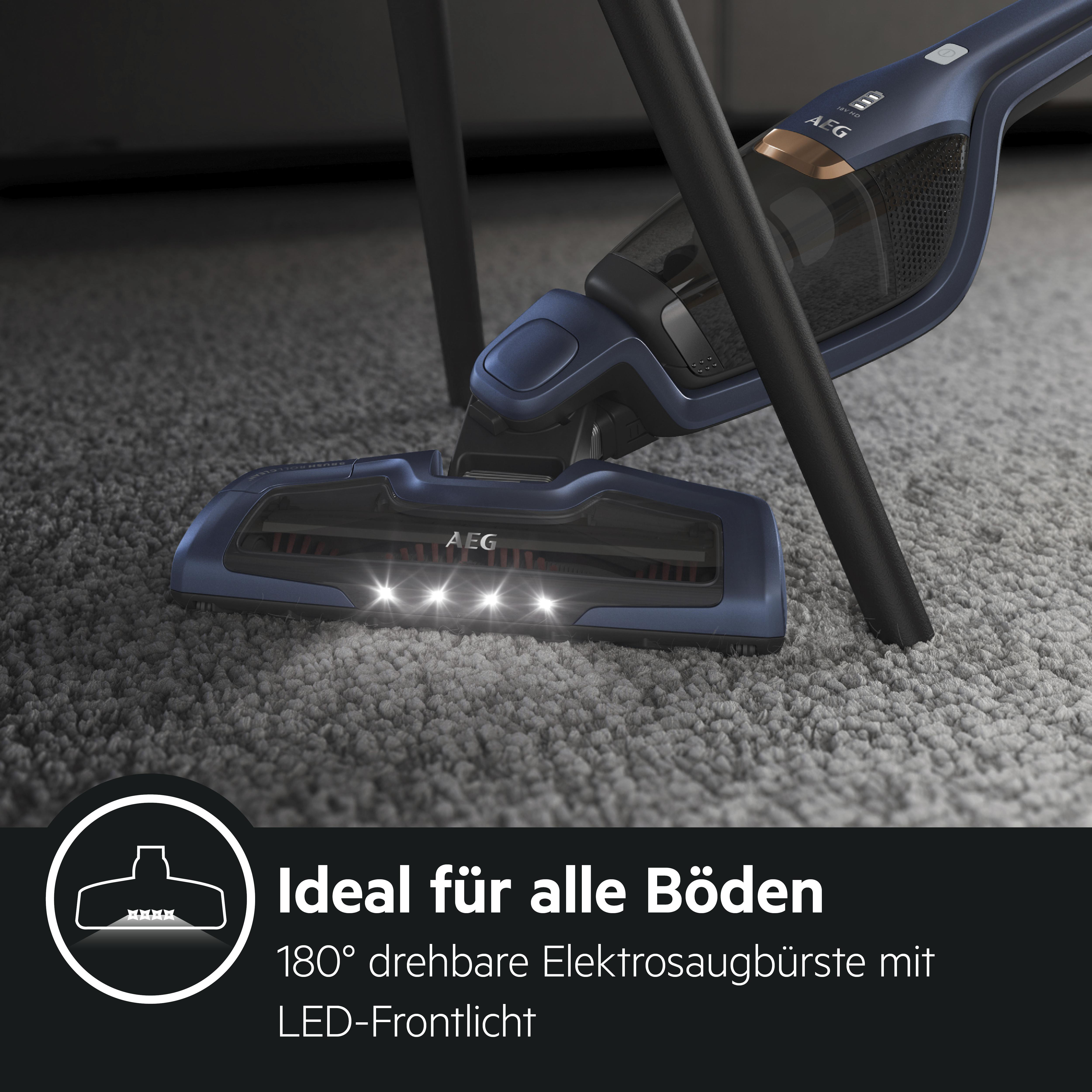 Ein Handstaubsauger auf einem Teppich mit LED-Leuchten.