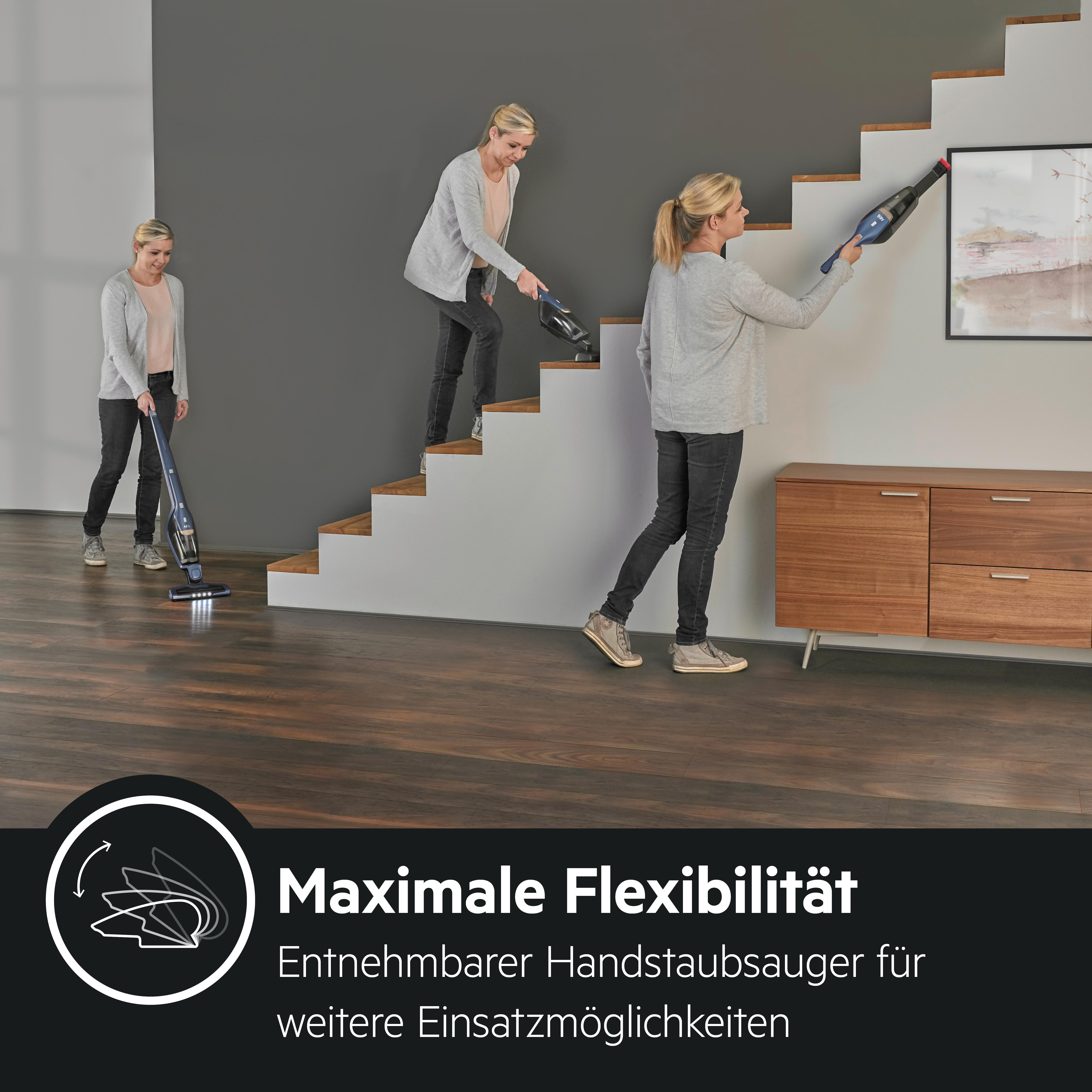 Drei Bilder einer Frau, die einen Staubsauger auf Treppen, Wänden und Böden benutzt.
