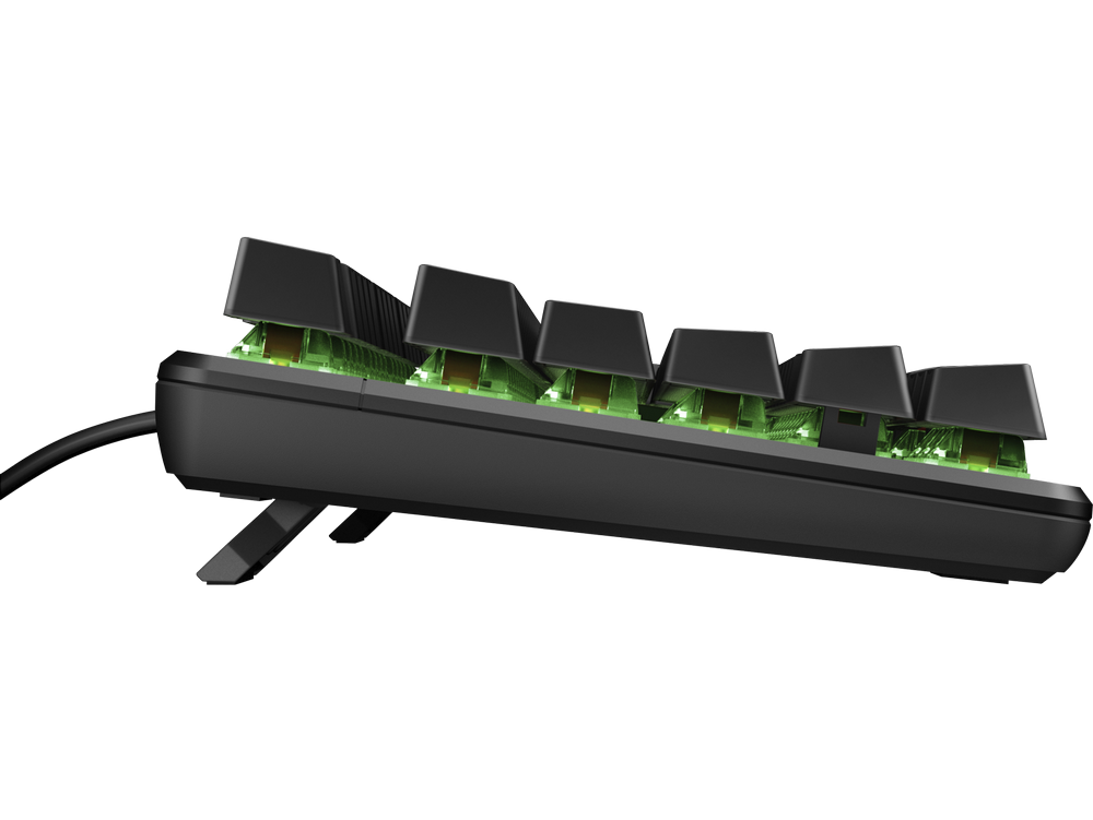 Un teclado negro con teclas verdes iluminadas y un soporte elevado.