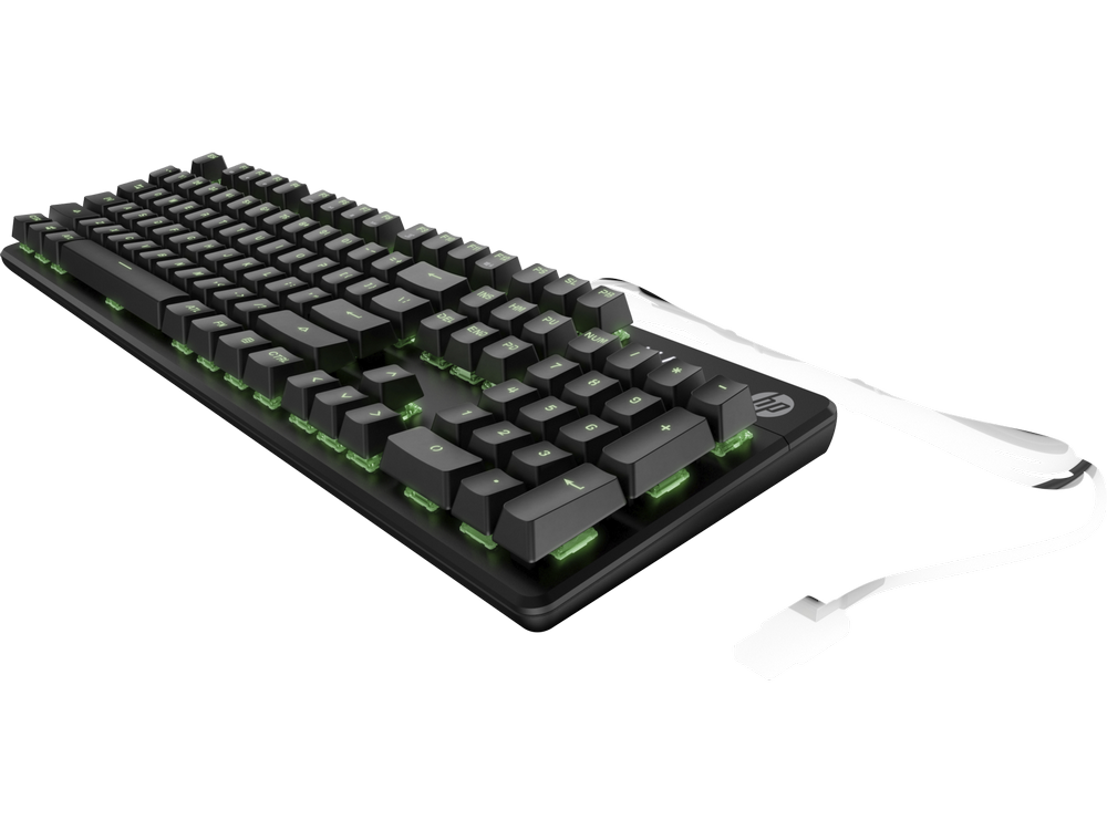Teclado HP negro con teclas retroiluminadas verdes y cable blanco.