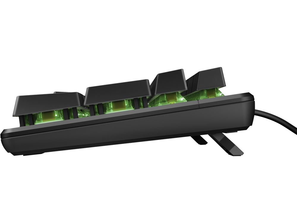 Teclado gaming negro visto de lado, mostrando teclas negras e interruptores verdes.
