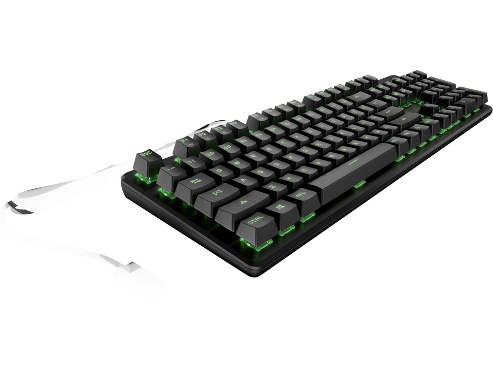 Teclado mecánico negro con luces verdes debajo de las teclas. Cable blanco adjunto.