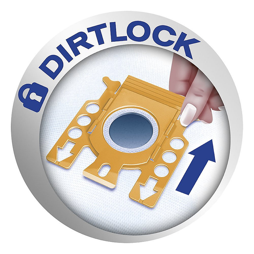 Eine Hand steckt einen Dirtlock-Beutel in einen Staubsauger. Der Beutel ist orange und hat einen blauen Pfeil.