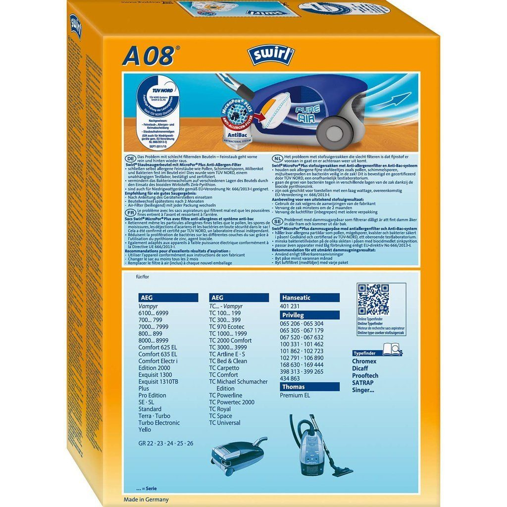 Box für einen Staubsauger mit Text in mehreren Sprachen, Funktionsdetails und Produktliste.