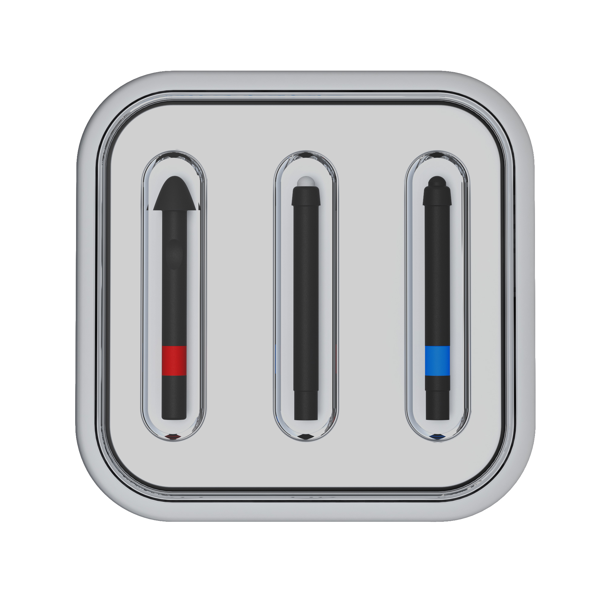 Eine silberne Touchscreen-Oberfläche mit drei farbcodierten Stiften. Schwarze, rote und blaue Spitzen.