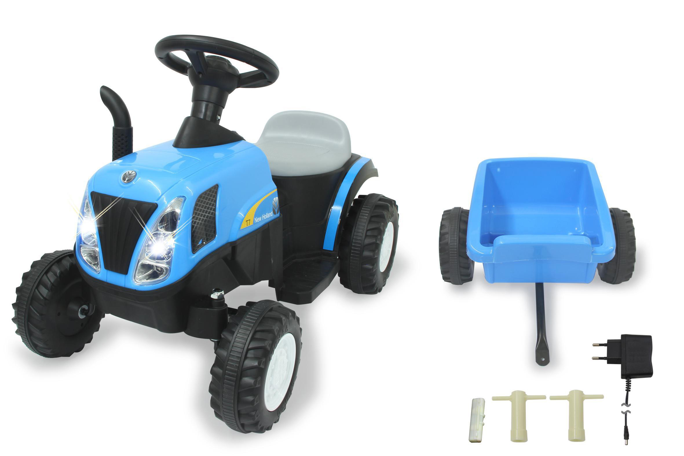 JAMARA Ride-on Traktor mit Blau New Holland Anhänger Kinderfahrzeug
