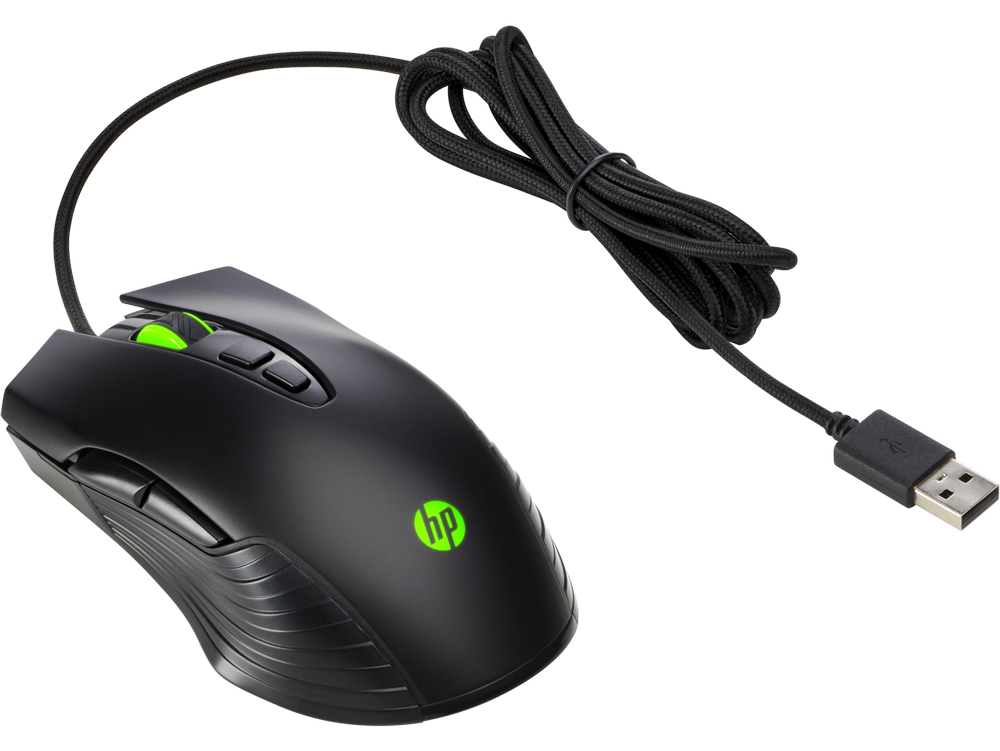 Ratón gaming HP negro con detalles verdes. El ratón está conectado con un cable negro.