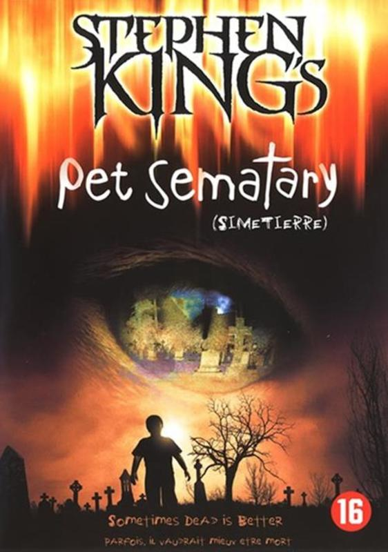 Couverture du film Pet Sematary de Stephen King, un œil effrayant avec des scènes de cimetière.