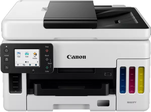 Weißer Canon-Drucker mit schwarzem Oberteil. Ein Farb-Touchscreen befindet sich links. Tintenbehälter sind rechts sichtbar.