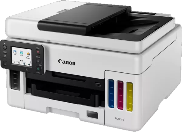 Ein weißer Canon Maxify Drucker mit Bildschirm und sichtbaren Tintenbehältern.