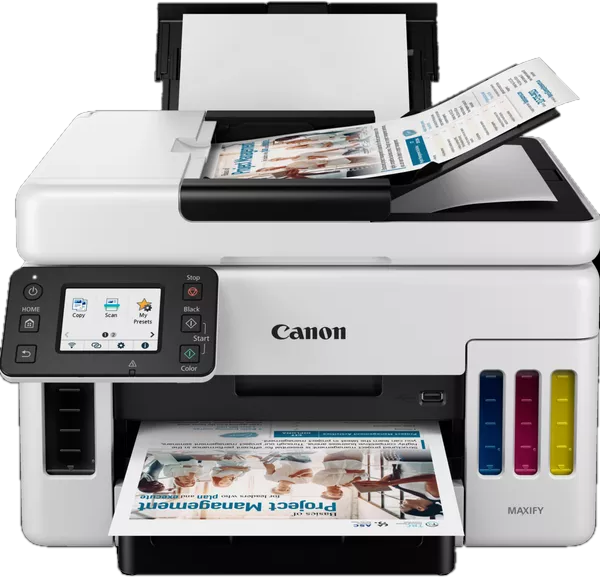 Weißer Canon-Drucker druckt Dokumente. Farbpatronen sichtbar. Schwarzer Hintergrund.