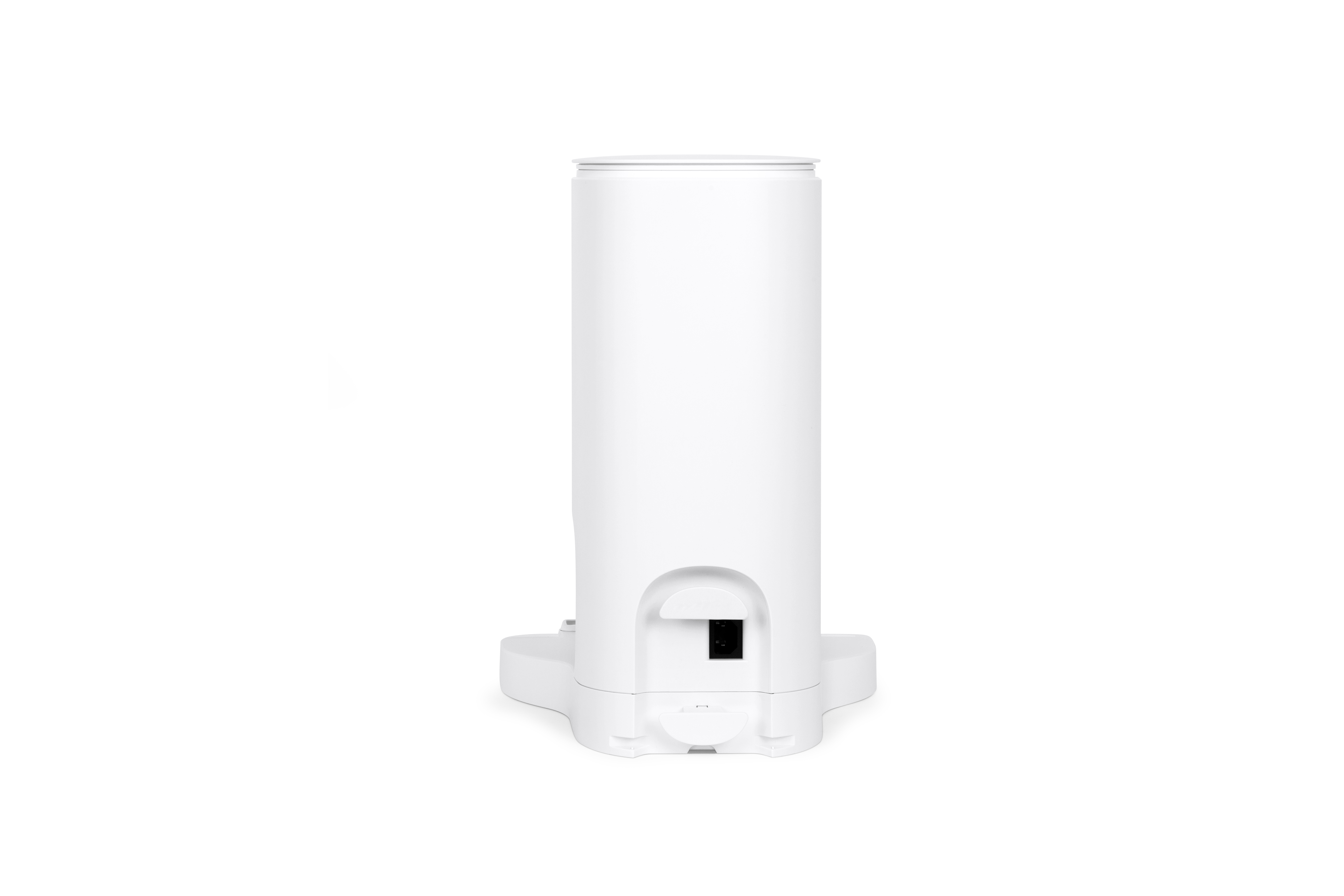 Ein weißes, zylindrisches Objekt mit einem schwarzen Knopf, möglicherweise ein Smart-Home-Gerät.
