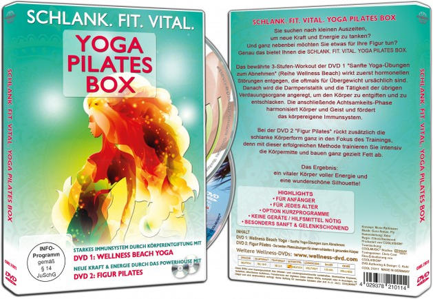 Yoga Pilates Box DVD-Set. Die Box enthält Bilder einer Frau und Text.
