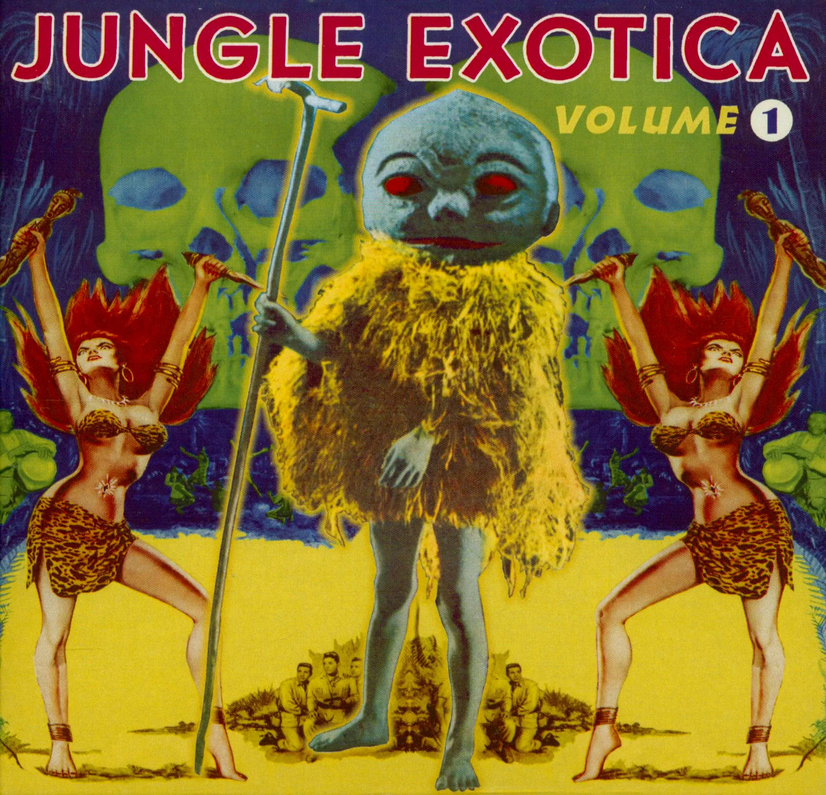 Albumcover: Cartoonartige Figuren auf buntem Hintergrund mit dem Schriftzug 'Jungle Exotica'.