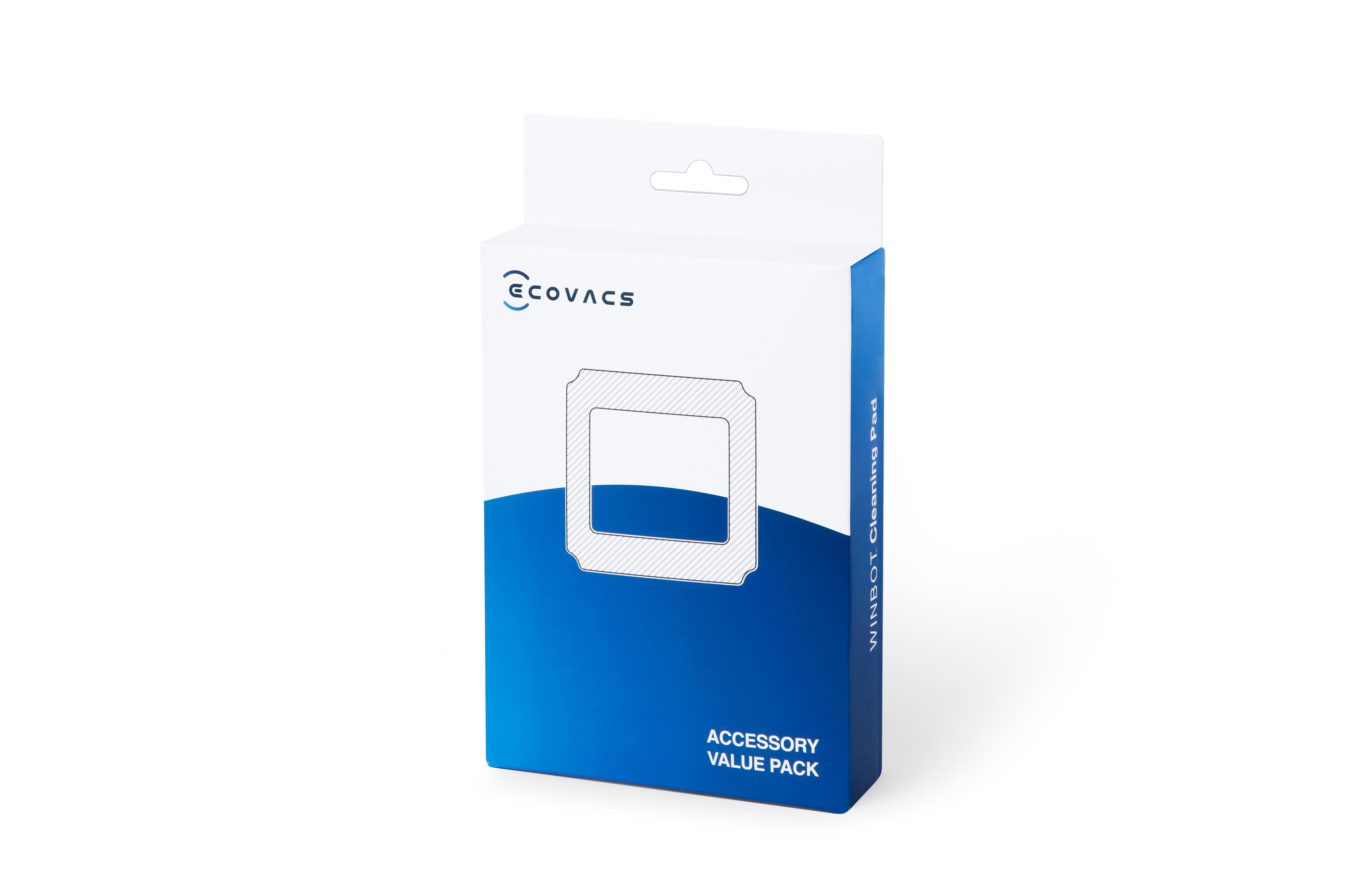 Eine blau-weiße Schachtel mit ECOVACS WINBOT Reinigungspads.