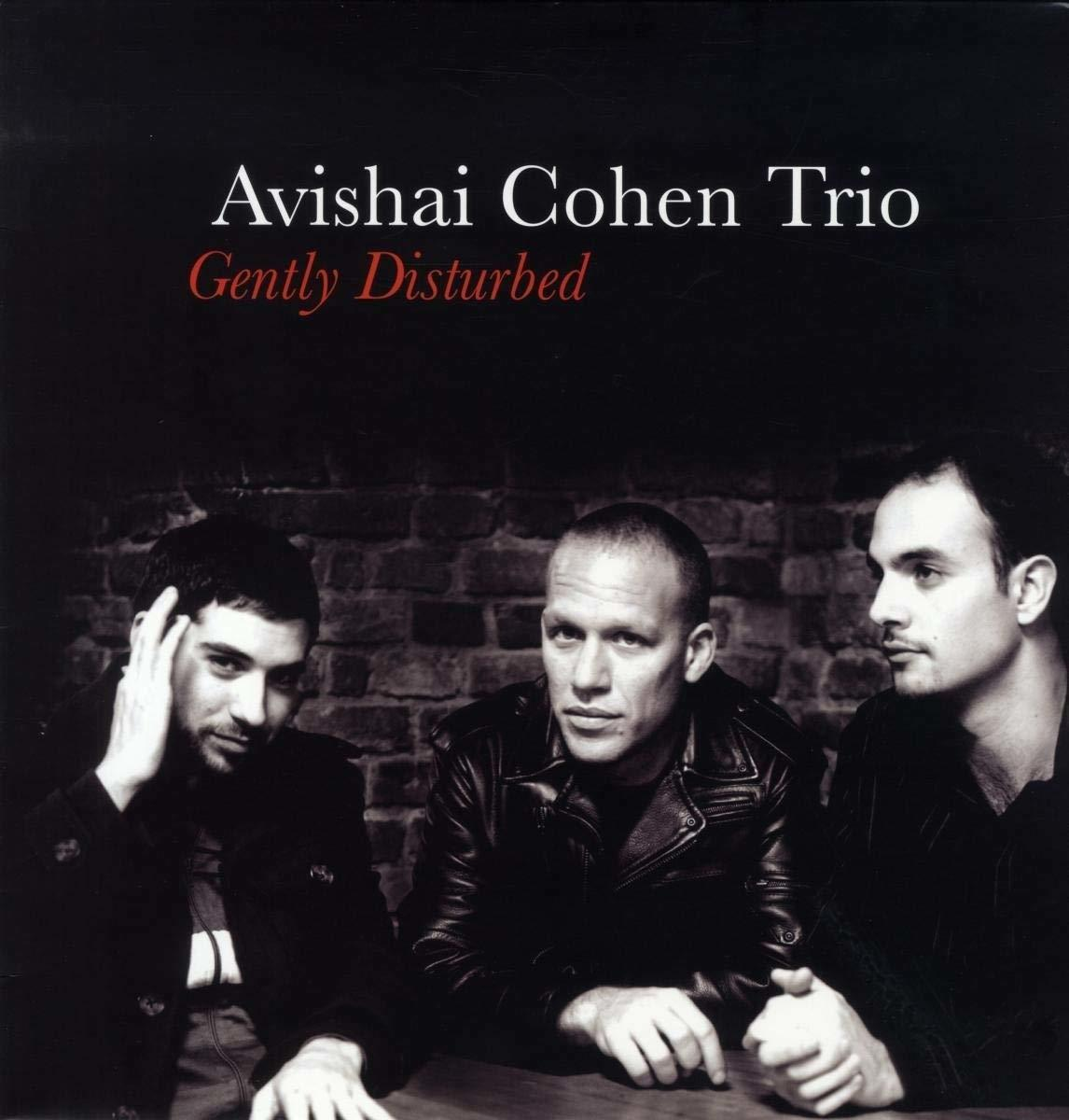 Album borító: három férfi fekete-fehérben, a szöveg „Avishai Cohen Trio” és „Gently Disturbed”.
