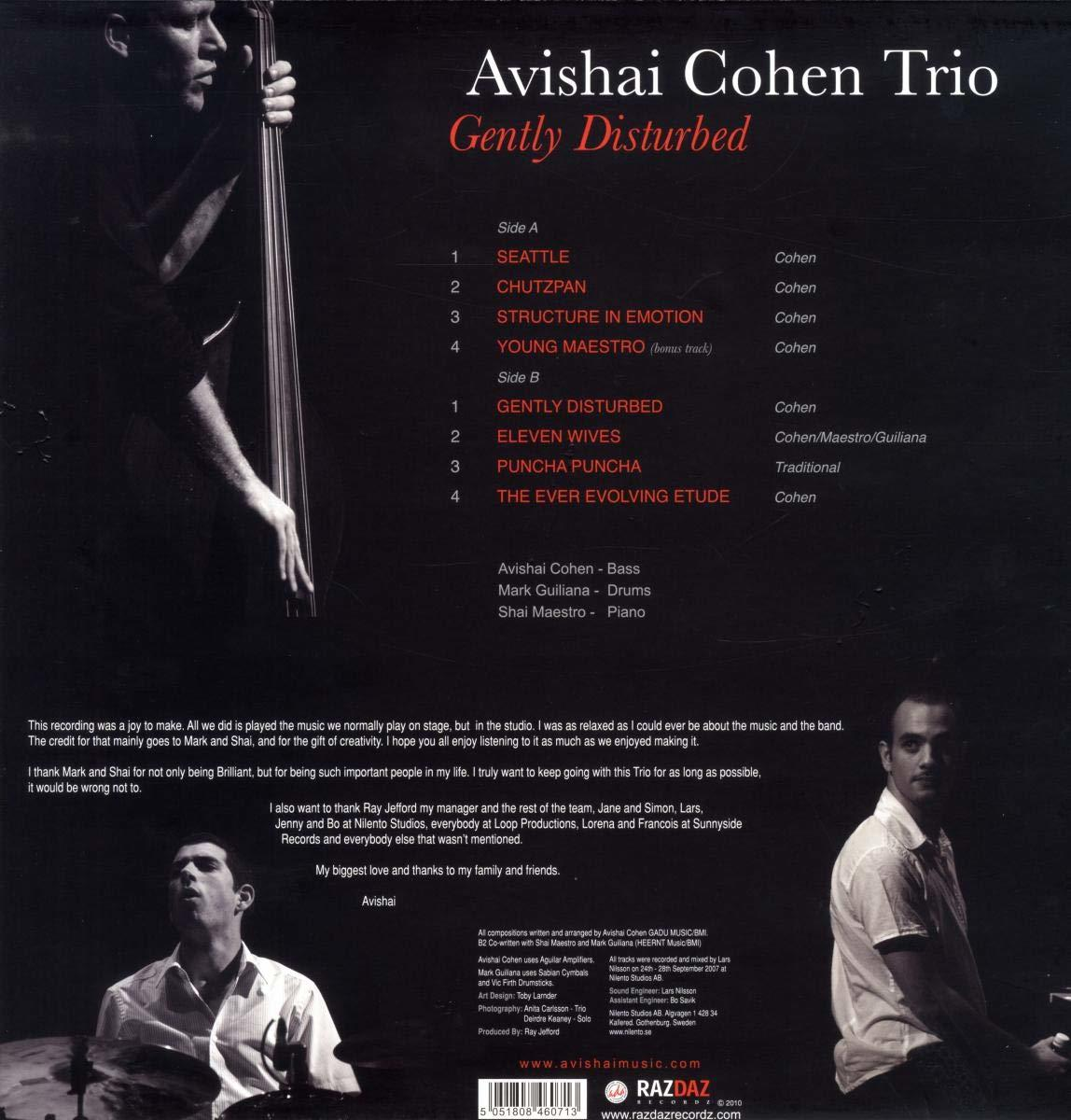 Az Avishai Cohen Trio Gently Disturbed című albumának hátlapja.