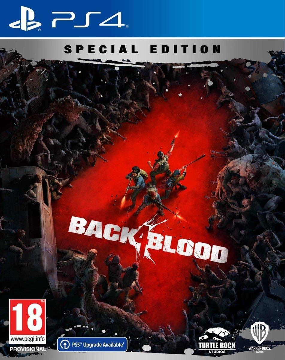 Couverture du jeu Back 4 Blood. Horde de zombies encercle des personnages armés. Titre rouge et blanc, logo PS4 et classification d'âge en bas.