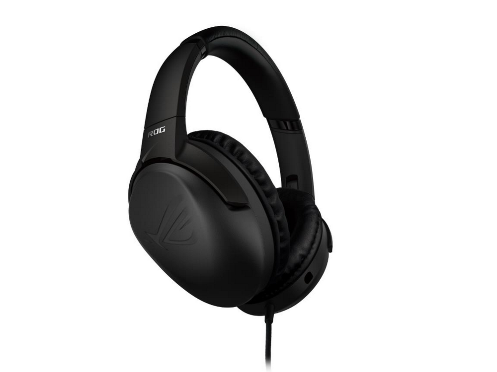 Auriculares ROG negros. El logo está en el lateral. El fondo es blanco.