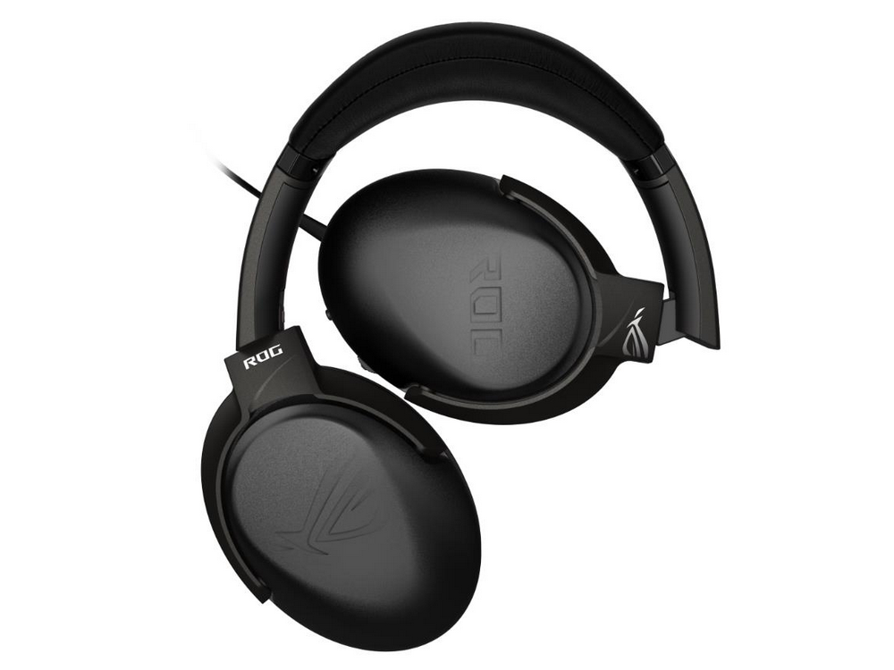 Auriculares ROG negros sobre fondo blanco, vista superior, mostrando el logotipo ROG.