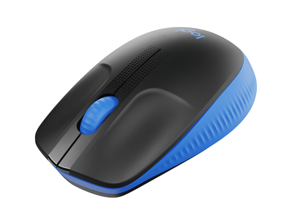 Un ratón de ordenador inalámbrico negro y azul sobre un fondo negro. El logotipo es visible.