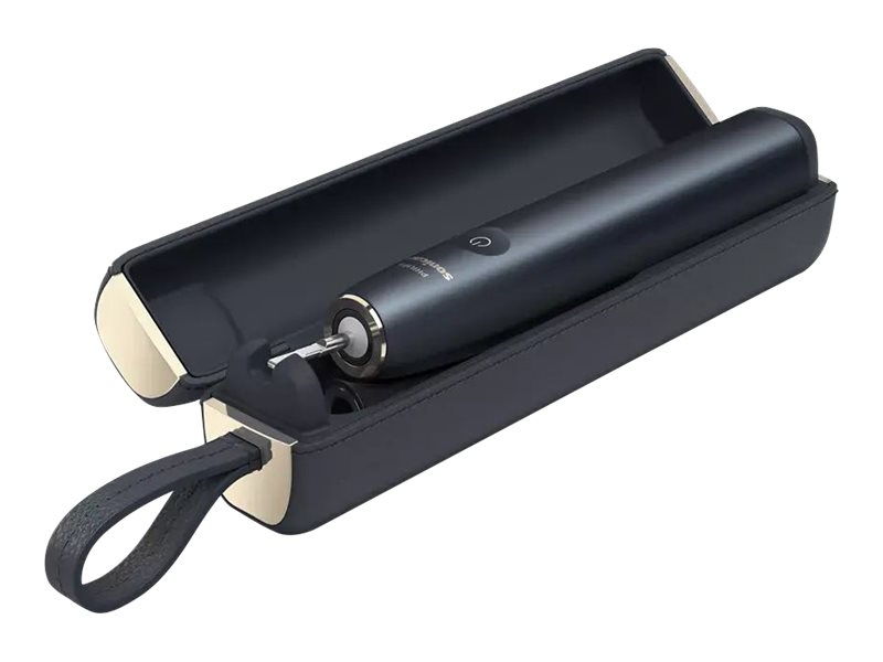 Eine schwarze elektrische Zahnbürste in einem schwarzen und goldenen Etui, leicht geöffnet, die Zahnbürste sichtbar.