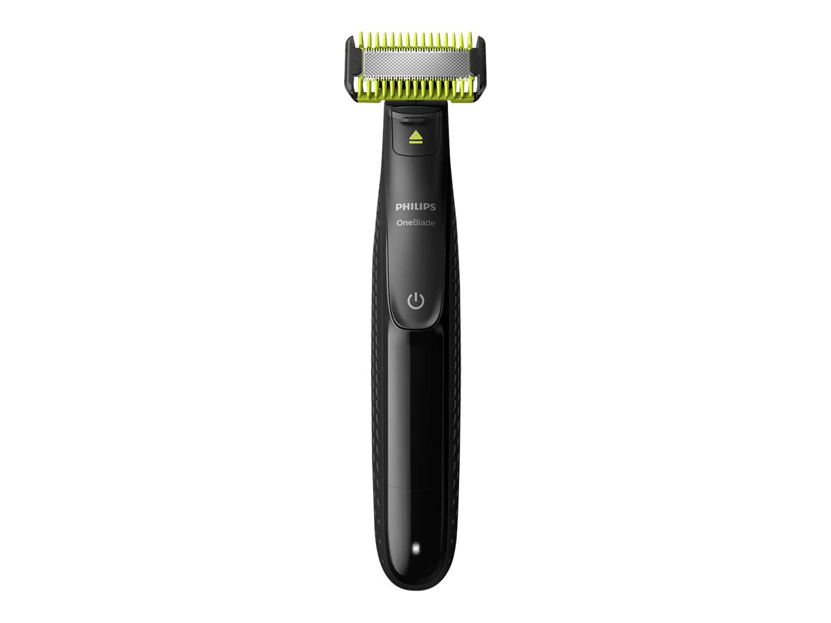 Schwarzer Philips OneBlade Elektrorasierer. Verfügt über eine grüne Klinge und einen Ein- / Ausschalter.