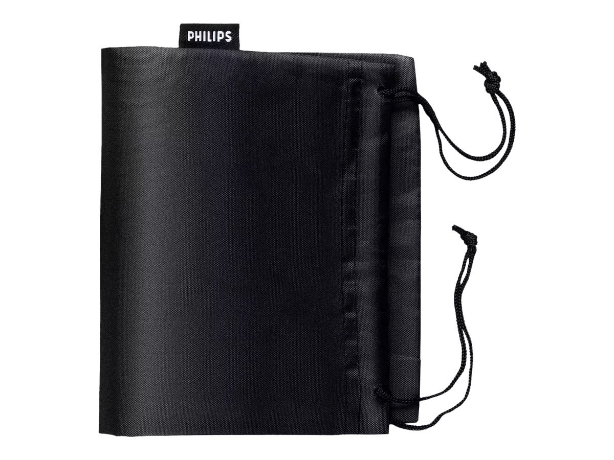 Eine schwarze Philips-Tasche mit Kordelzug.